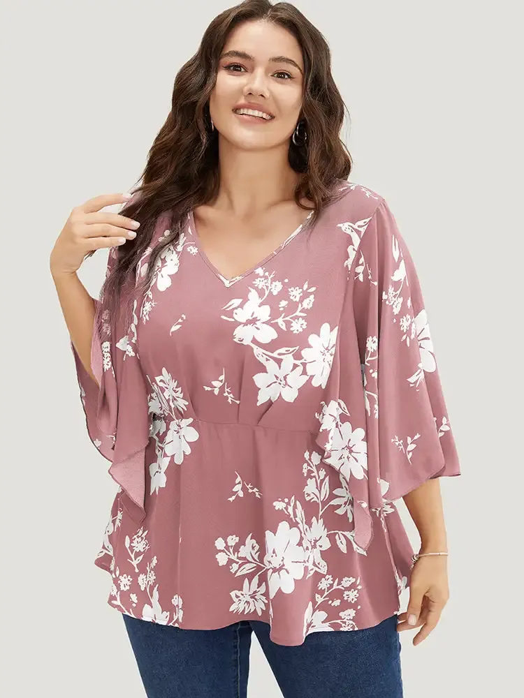 Floral Printed Plicated Detail Flutter Sleeve Blouse