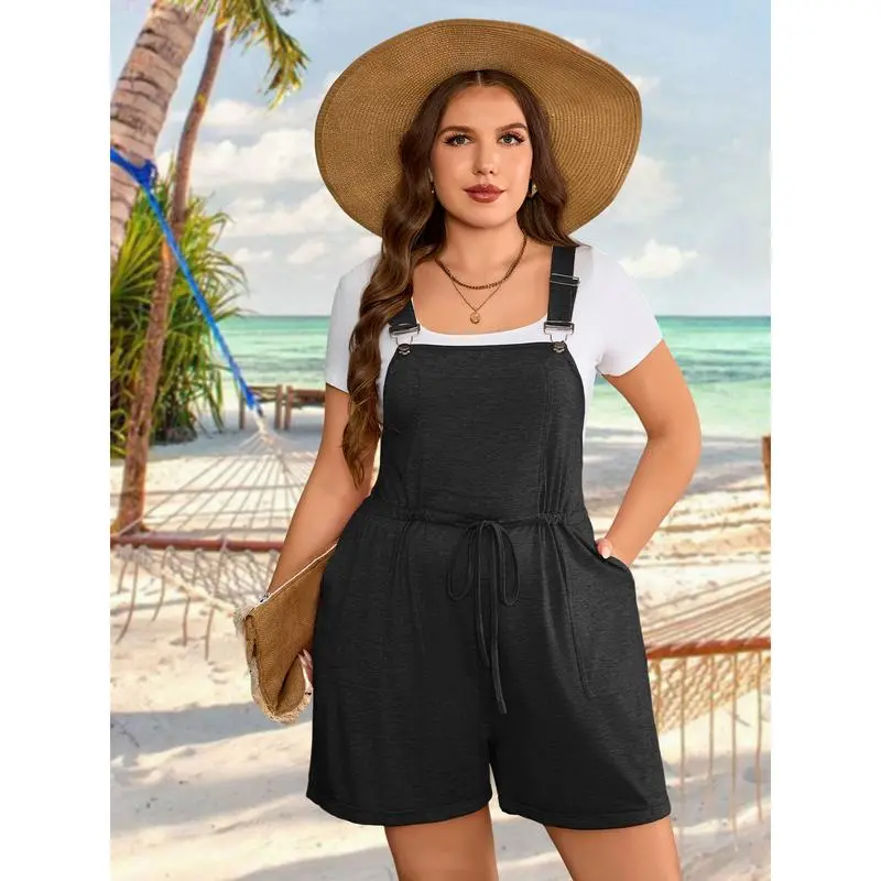 Women's Plus Size Drawstring Romper – Sleeveless Casual Jumpsuit with Pockets