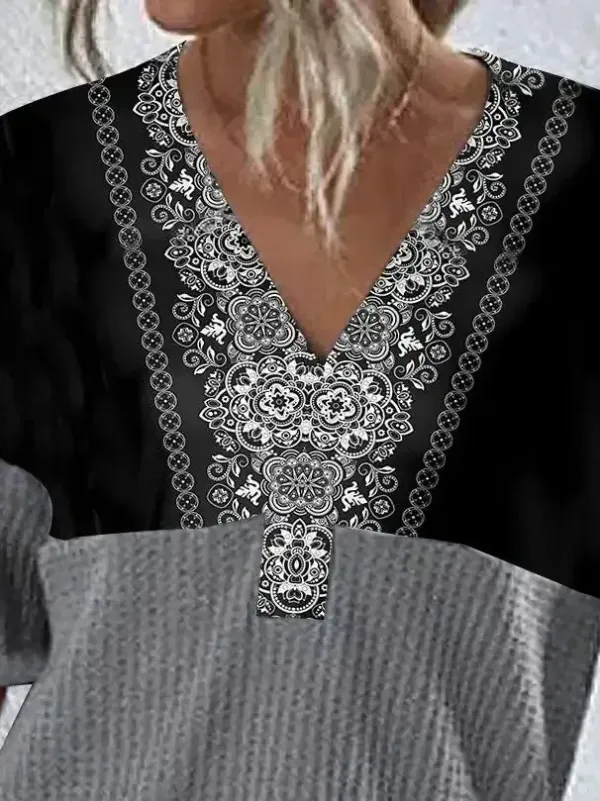 Women's Stitching Colorblock Printed Short Sleeve V-neck Top