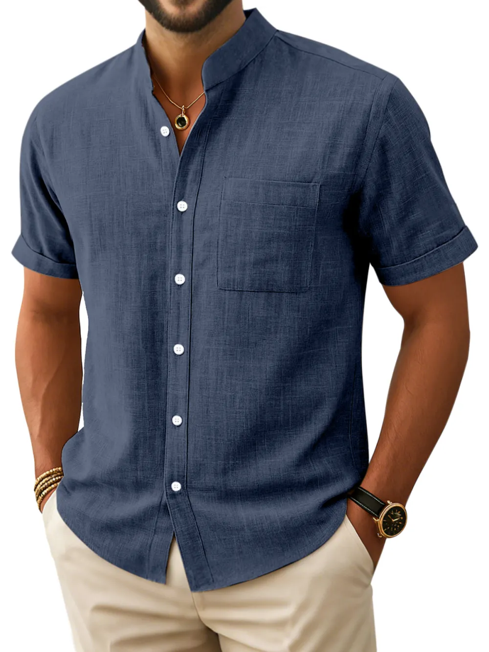 Men's Retro Simple Comfortable Stand Collar Button-down Short Sleeve Shirt