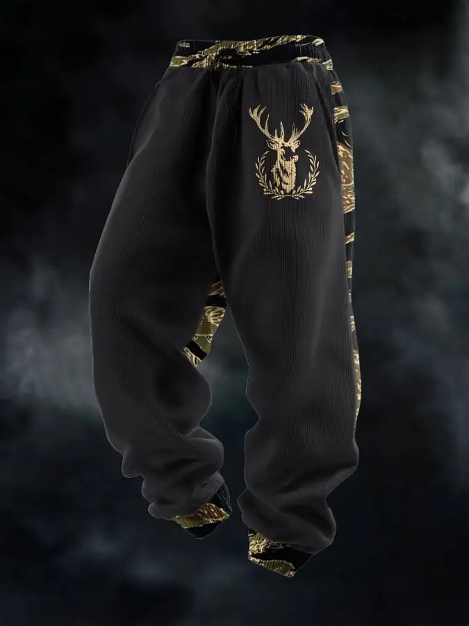Men's Casual Waffle Camouflage Elk Pattern Sweatpants