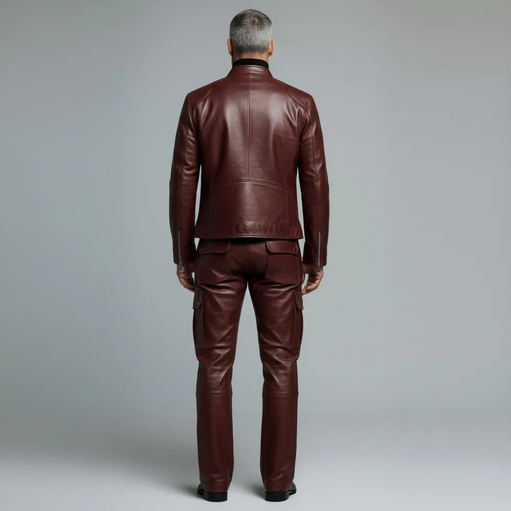 Men's Burgundy PU Leather Stand Collar Zipper Jacket & Cargo Pants 2Pcs Set