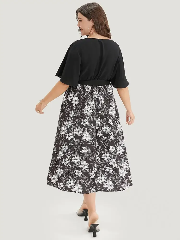 Floral Patchwork Pocket Belt Surplice Neck Ruffle Hem Dress