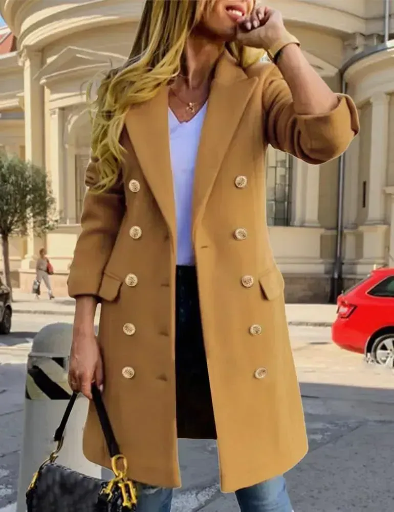 Womens Fall Winter Wool Coats Double Breasted Midi Peacoat Trench Coats