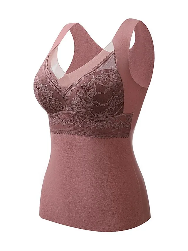 Women‘s Thermal Vest Underwear Built-in Bra Pure Color Warm Fashion Home Street Daily Polyester Warm Breathable Straps Sleeveless Fall Winter Black color