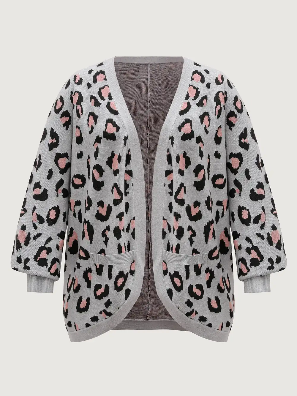 Leopard Print Arc Hem Pockets Knit Cardigan