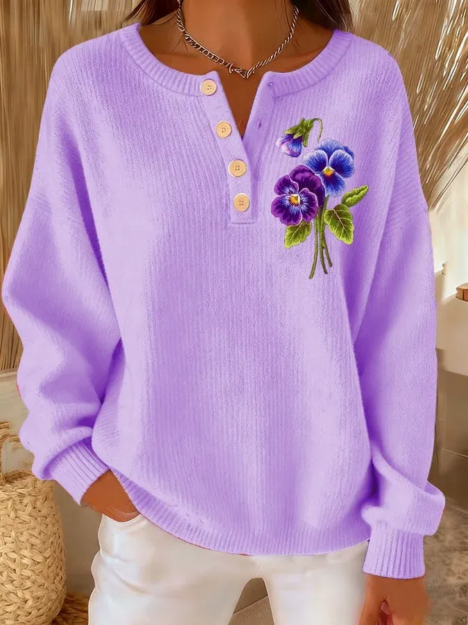 Women's Casual Purple Floral Button-Down Knitted Top
