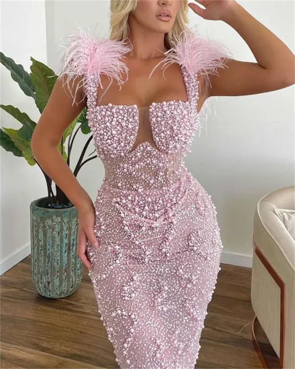 Women's Pink Suspender Sequin Evening Dress