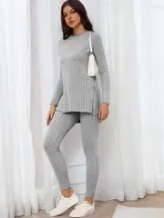 Stylish Spring/Fall Ribbed Knit Ensemble - Durable Casual Top with Dipped Hem & Slim-Fit Pants
