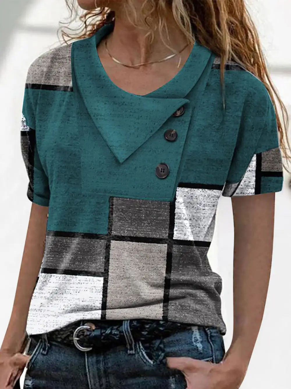 Women's T-Shirts Cross Neck Button Print Short Sleeve T-Shirt（⚡Clearance Sale）