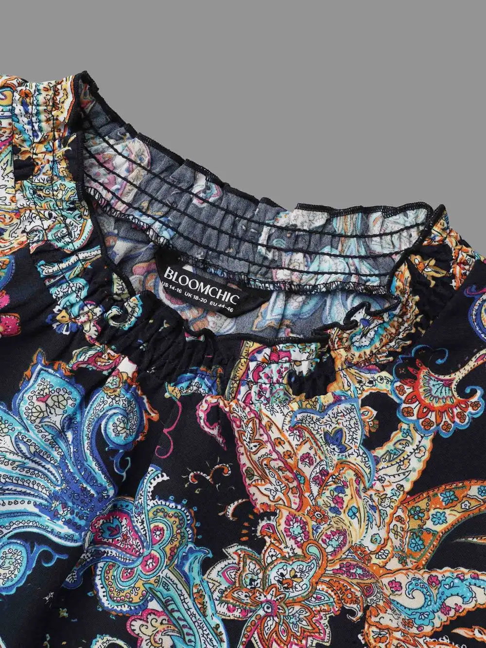 Stand Collar Paisley Shirred Blouse