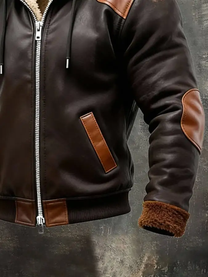 Men'S Warm Plush Distressed Soft Leather Hooded Jacket