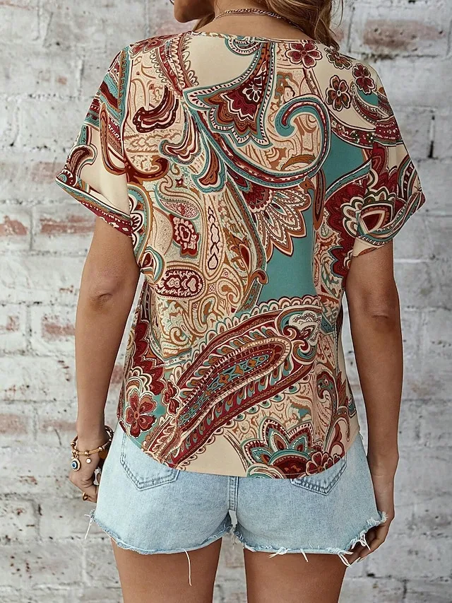 Women's Boho Shirt Tee Paisley Vintage Rainbow Print Blouse V Neck Half Sleeve Casual Short Sleeve Ethnic Summer Spring Shirts