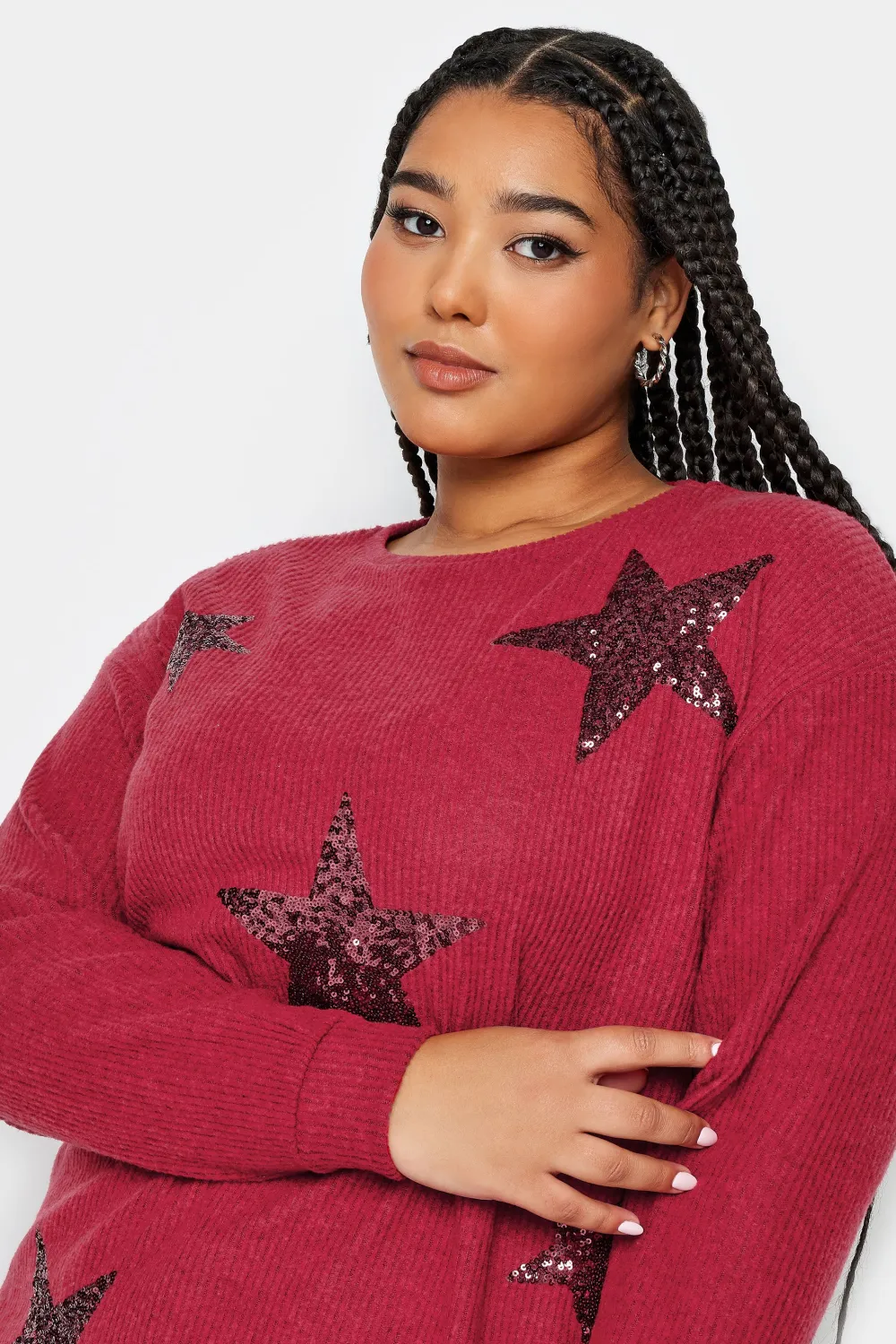 YOURS Curve Red Sequin Star Soft Touch Top