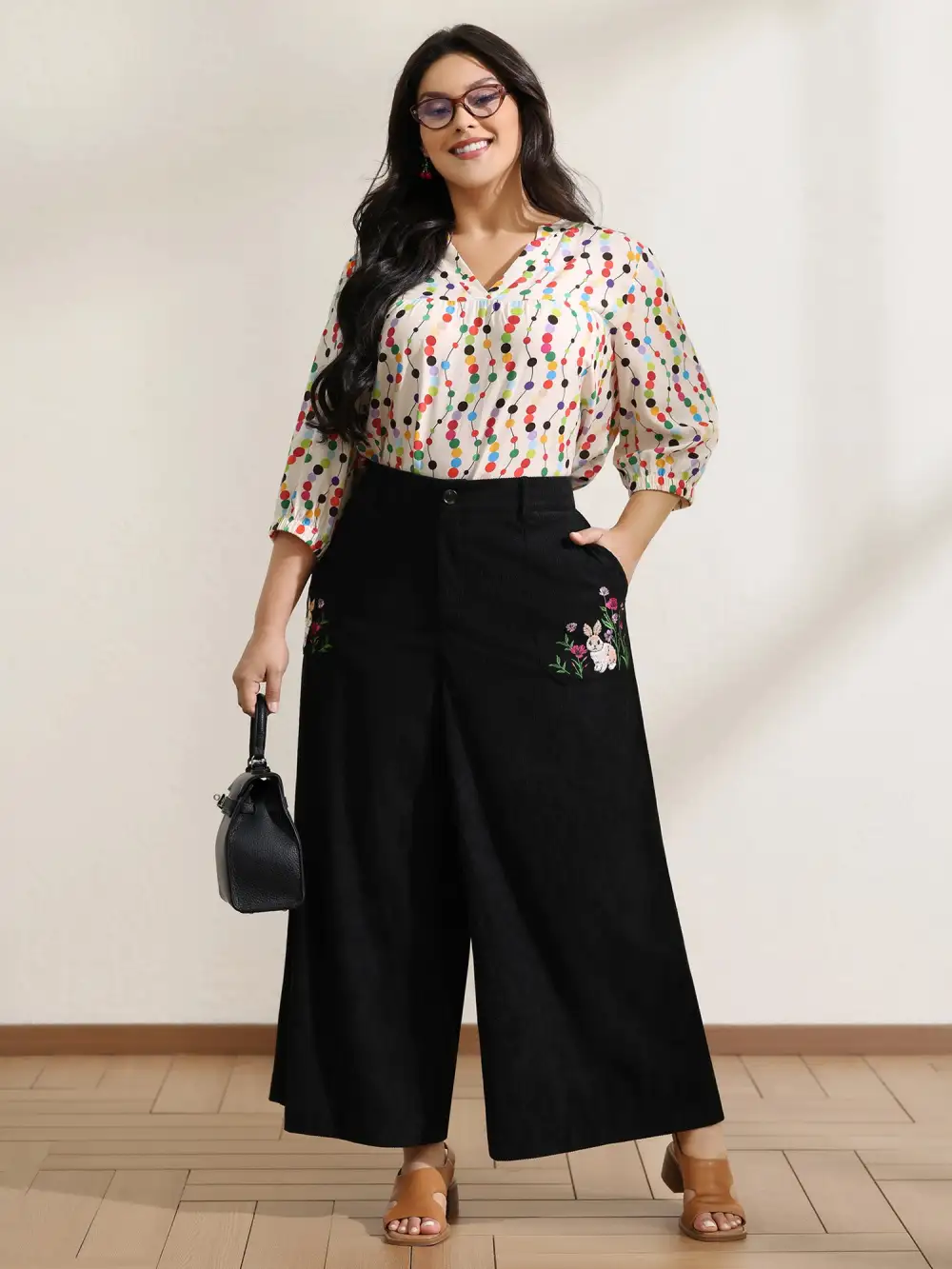 Floral Embroidery Wide-Leg Pants