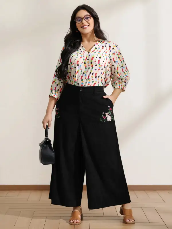 Floral Embroidery Wide-Leg Pants