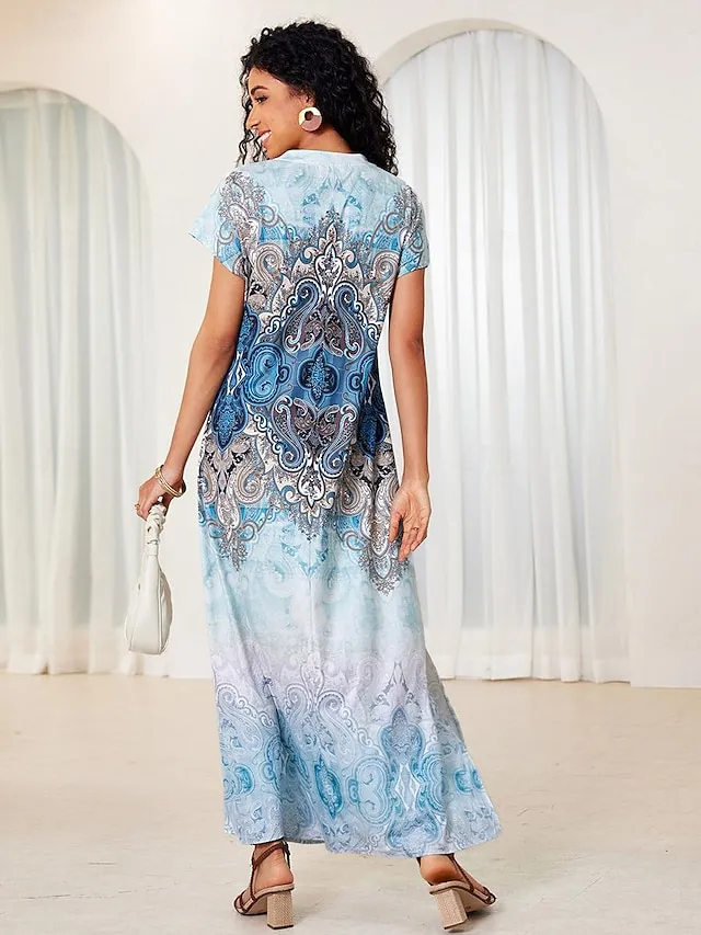 Women's Casual Dress Graphic Tribal Split Hem V Neck Maxi Dress Boho Vacation Short Sleeve Summer