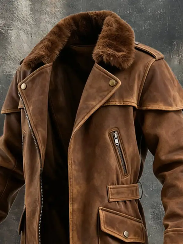 Men's Warm Large Fur Collar Suede Jacket Windbreaker