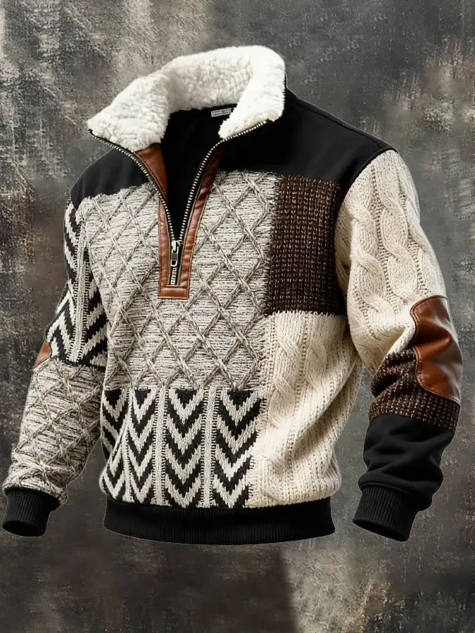 Men's Retro Color Block Print Casual Fur Collar Sweatshirt