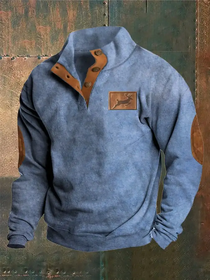 Men's Western Style Printed Stand Collar Button Sweatshirt