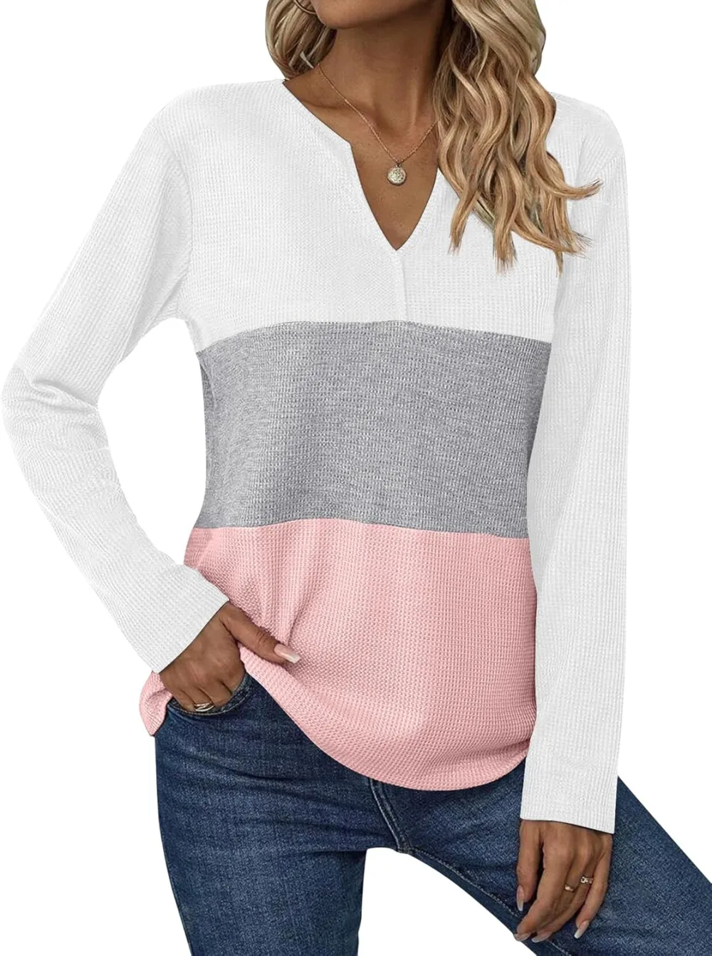 Women's Waffle Shirts V Neck Long Sleeve Tops Color Block T-Shirts Casual Tunics 2024 Fashion Basic Tees