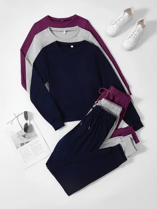 Women's lounge/pajama set: solid long-sleeve round-neck tee + tie-front elastic-waist pants, casual and comfy