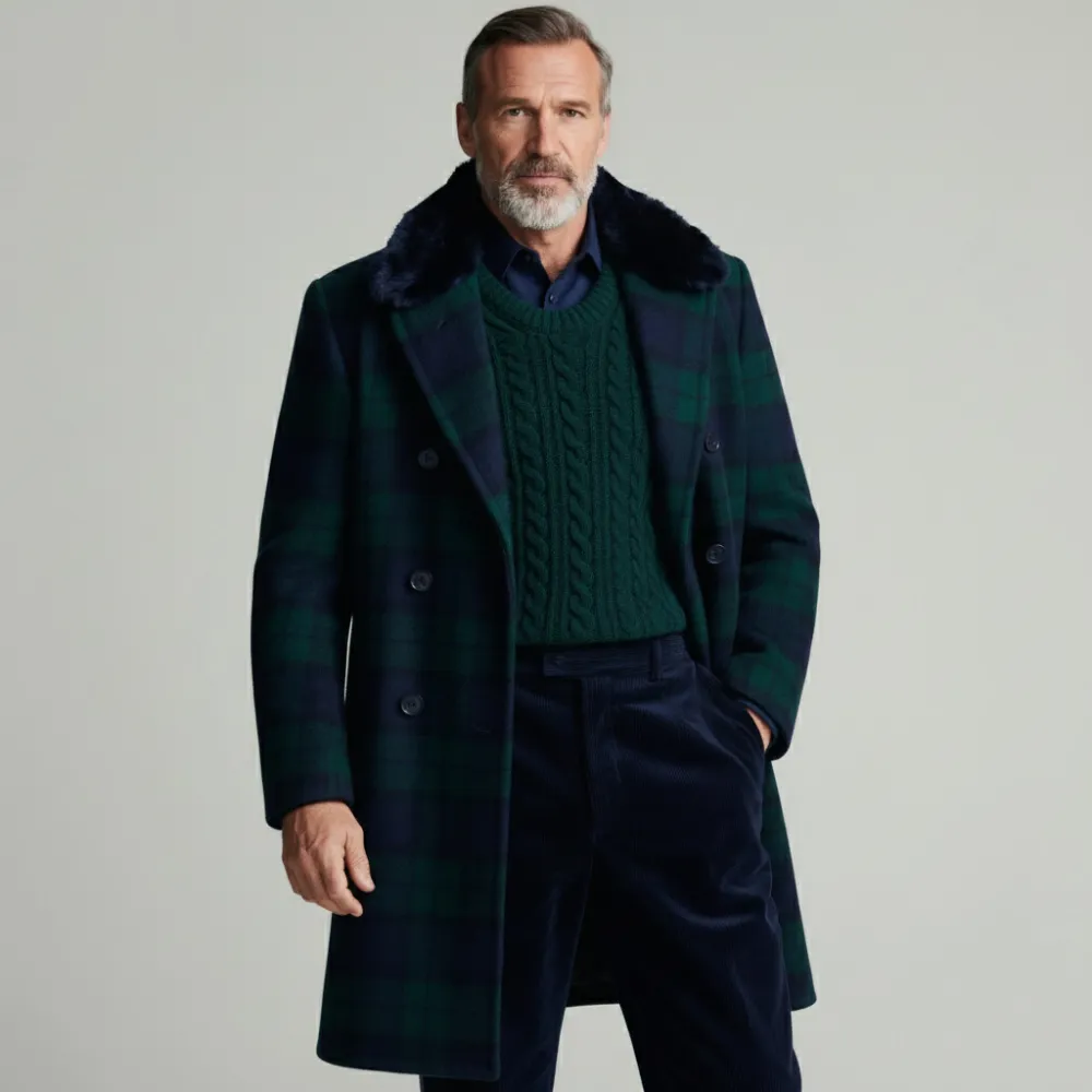 Men's Business Green Plaid Double Breasted Furry Collar Long Sleeve Overcoat