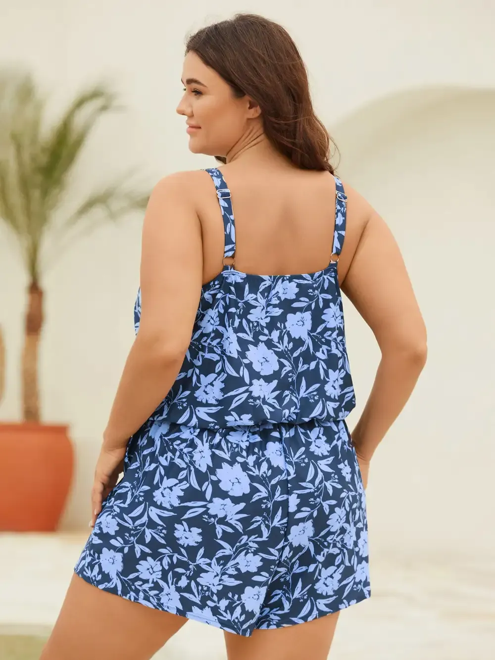 Tropical Flower Print Pockets One-Piece Swimsuit