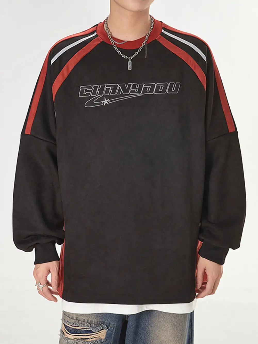 Patchwork Color-Blocked Raglan Embroidered Sweatshirt