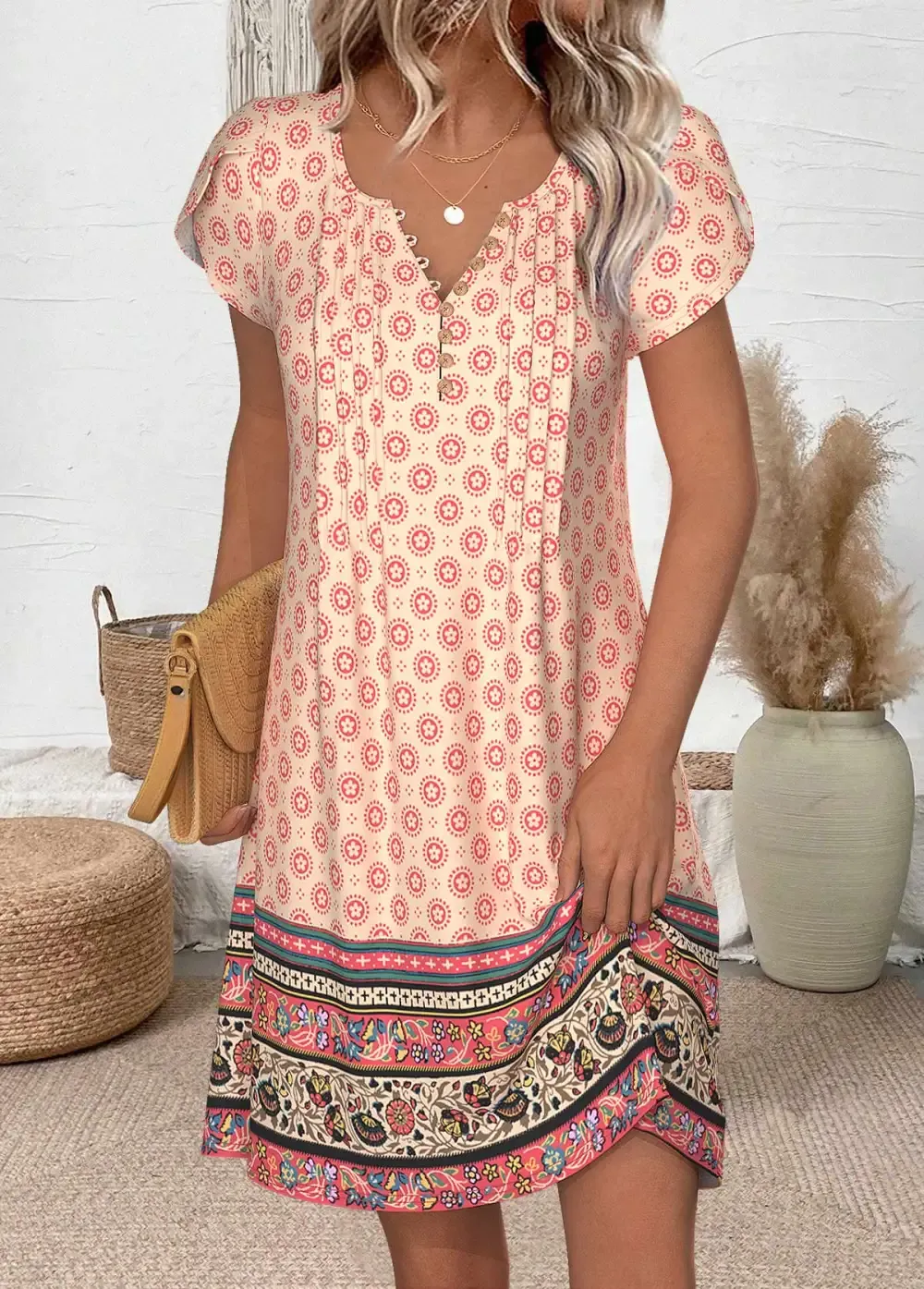 Multi Color Random Floral Print Short Split Neck Dress