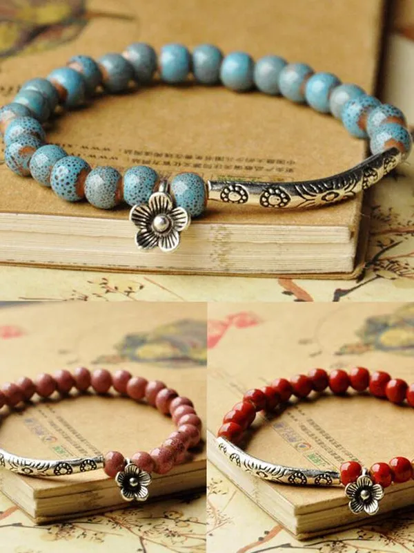 Women's Ethnic Style Flower Glaze Bead Ceramic Bracelet
