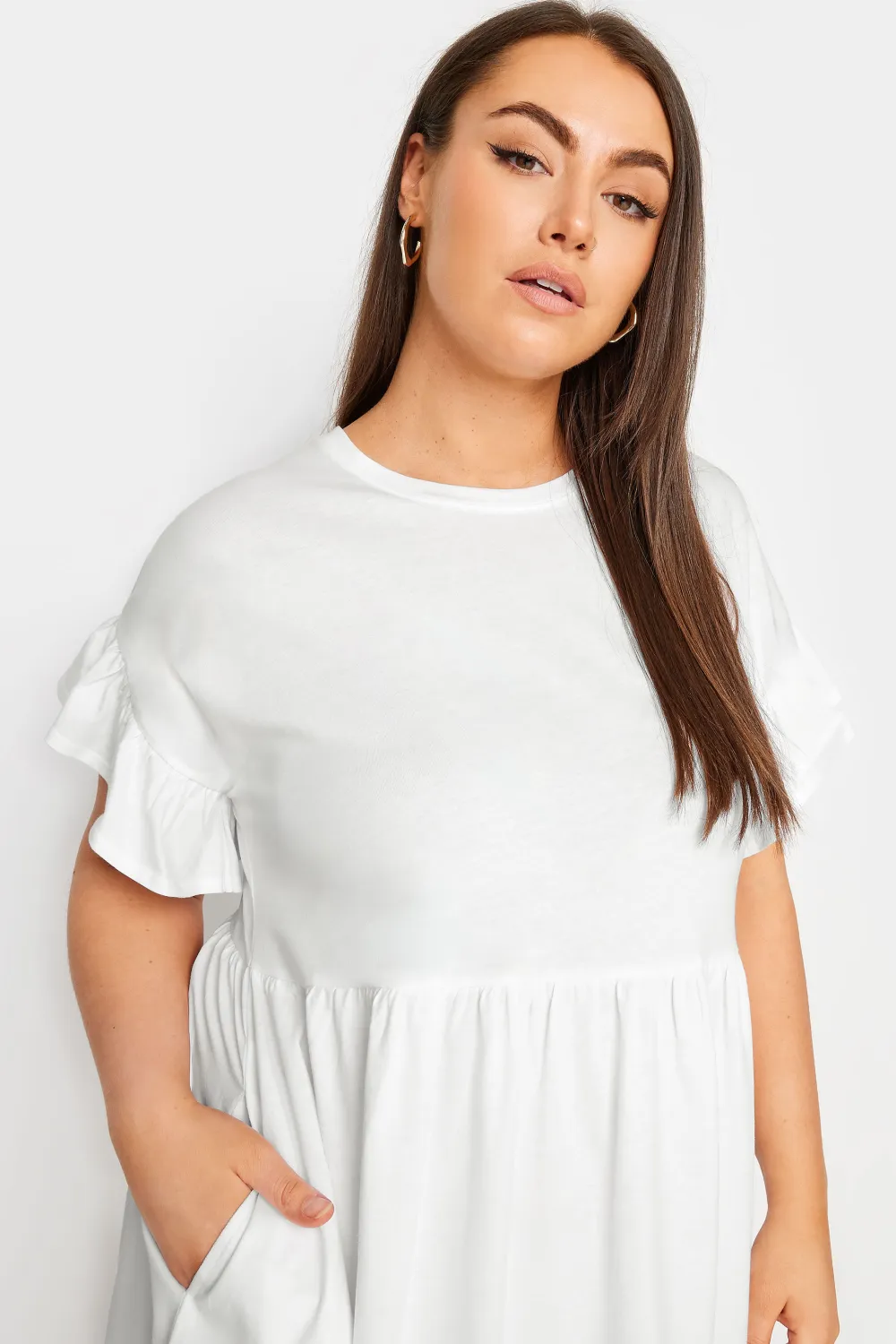 YOURS Curve Black & White Stripe Frill Sleeve Smock Tunic Dress