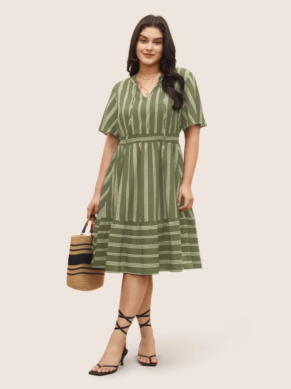 Striped Patchwork Tassels Ties Shirred Dress