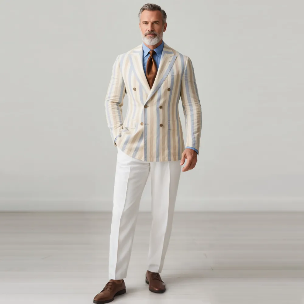 Men's Business Colorblock Striped Peaked Lapel Double Breasted Long Sleeve Blazer