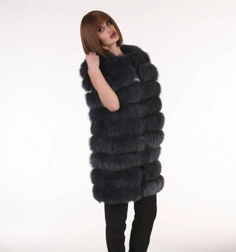 Dark Grey Fox Fur vest hoodedWomen’s