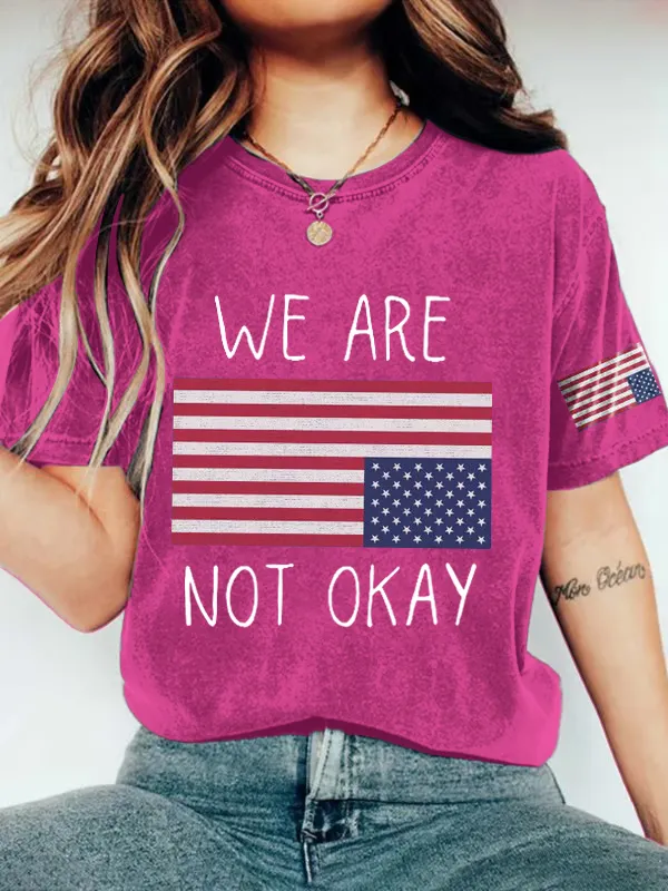 Women'S T-Shirt Retro We Are Not Ok Printed T-Shirt Wash Texture Pure Cotton Round Neck Short Sleeve