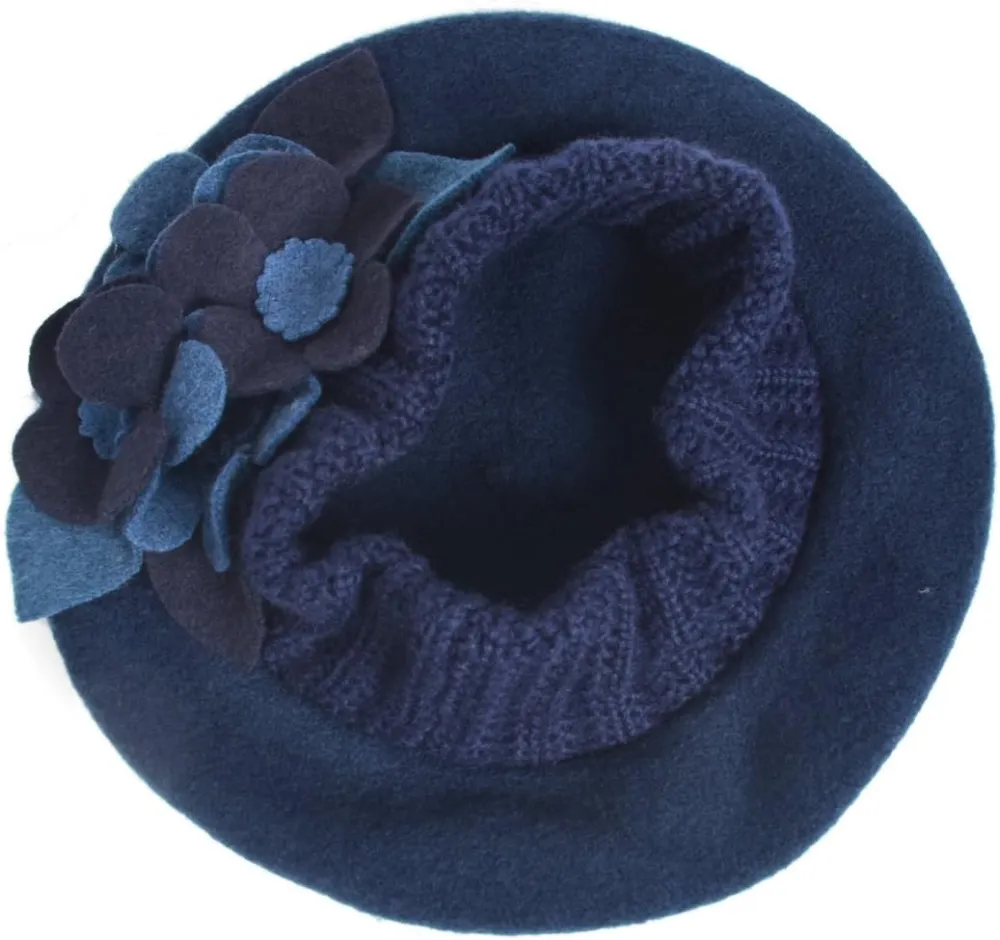 Lady French Beret 100% Wool Beret Floral Dress Beanie Winter Hat