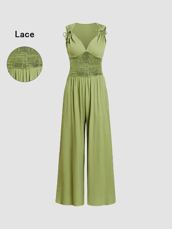 Women's Sleeveless Ruched V-Neck Ribbed Jumpsuit – Minimalist Wide-Leg One-Piece