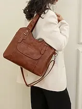 Women's Vintage Brown Faux Leather Tote Bag with Dual Handles and Adjustable Crossbody Strap – Spacious and Stylish for Everyday Use