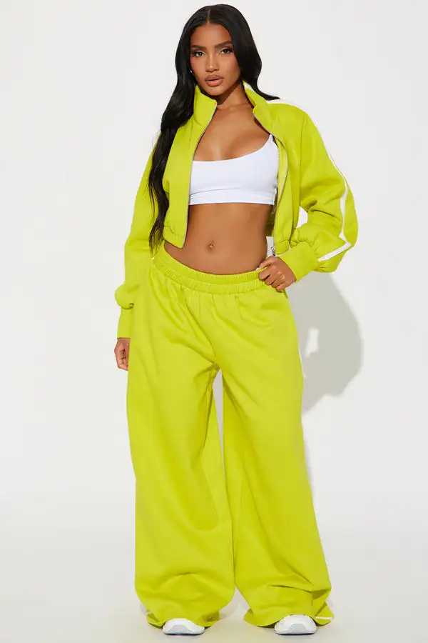 Track Star Fleece Oversized Pant Set - Chartreuse