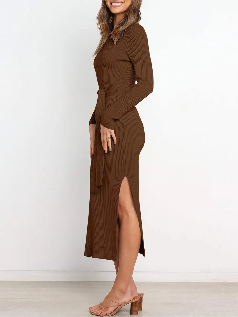 Long Sleeve Sweater Dress Crew Neck Slim Fit Slit Tie Waist 2024 Ribbed Knit Bodycon Midi Dress Fall Outfits