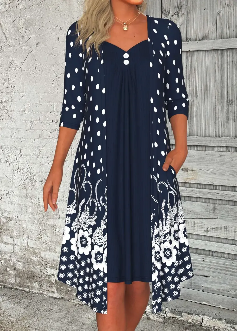 Navy Button Floral Print A Line 3/4 Sleeve Dress
