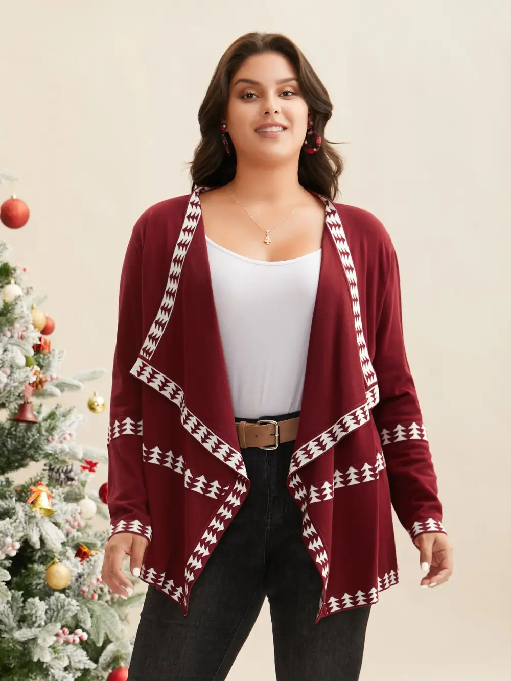 Holiday Pattern Hem Lapel Collar Knit Cardigan