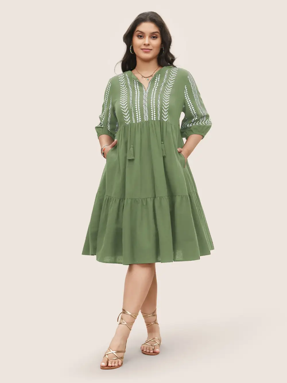 Cotton Geometric Bandana Print Tassel Trim Dress