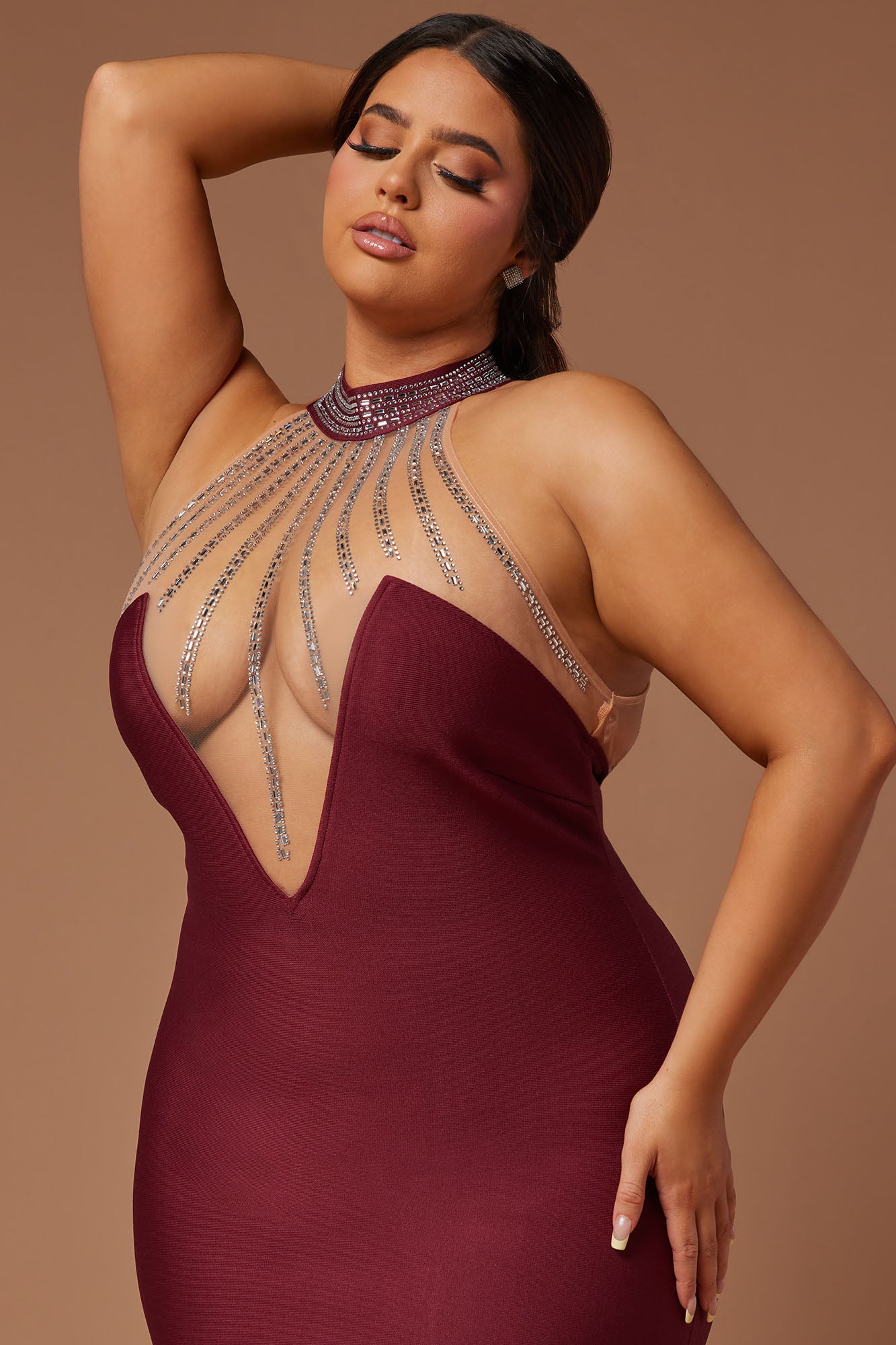 Lina Embellished Bandage Midi Dress - Burgundy