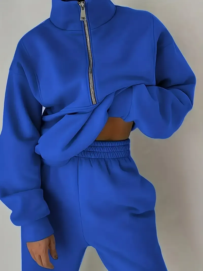 Two-Piece Solid Color Casual Outfit - High Neck Zip Front Long Sleeve Sweatshirt & Elastic Waist Pants