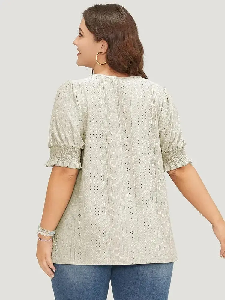 Plain Broderie Anglaise Shirred Puff Sleeve Button Detail T-shirt