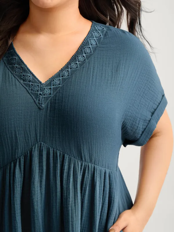 Pure Cotton Lace V-Neck Solid Midi Dress