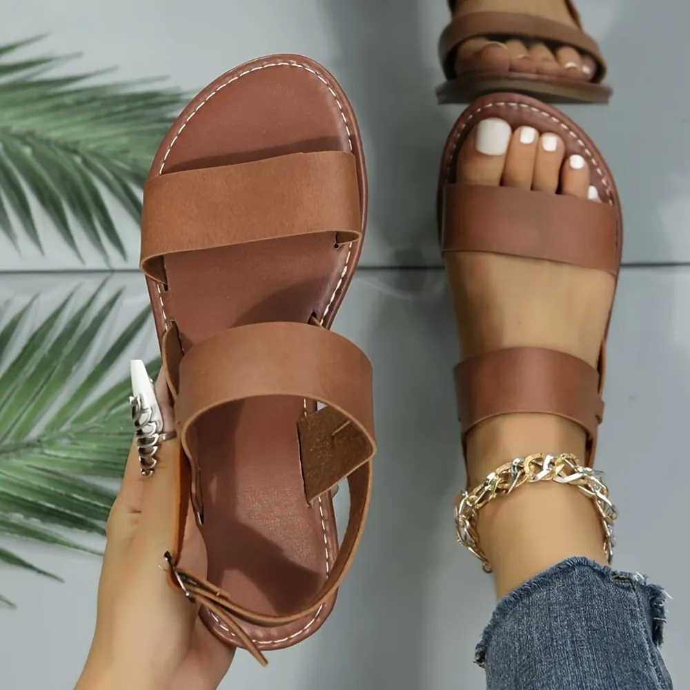 Women's Flat Ankle Strap Sandals, Solid Color Open Toe Non-slip Shoes, Casual Lightweight Beach Shoes