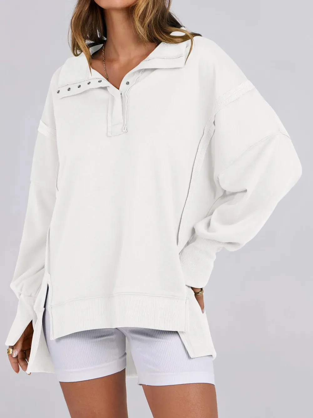 ✨Women's Oversized High Low Split Button Up Henley Pullover Top